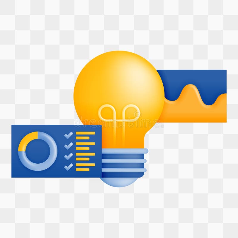3d icon realistic render style of lights or bulb with checklists, diagrams, data charts software, metaphor of the idea of managing and processing data and graphs. Can be used for websites, apps, ads