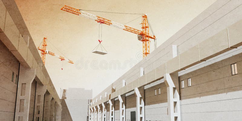 3d illustratie van bouwkranen bouwt industriële zaal royalty-vrije illustratie 3d illustratie van bouwkranen bouwt industriële zaal royalty-vrije illustratie