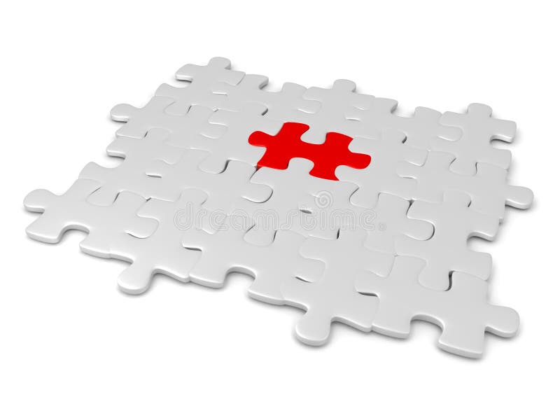 3D illustration of grey jigsaw puzzle pieces with a red one in the middle. Image can convey uniqueness. 3D illustration of grey jigsaw puzzle pieces with a red one in the middle. Image can convey uniqueness.