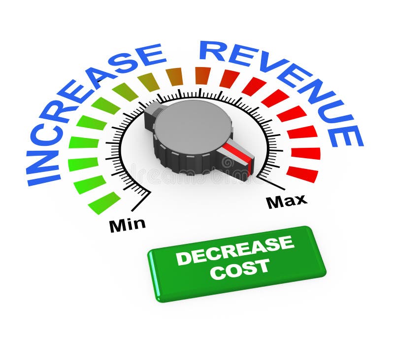 3d illustration of knob of increase revenue set at max with button to decrease cost. 3d illustration of knob of increase revenue set at max with button to decrease cost.