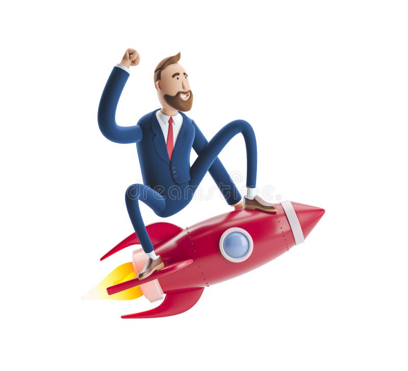 3D Illustratie Zakenman Billy die op een raket omhoog vliegen Concept opstarten van bedrijven, lancering van een nieuw bedrijf