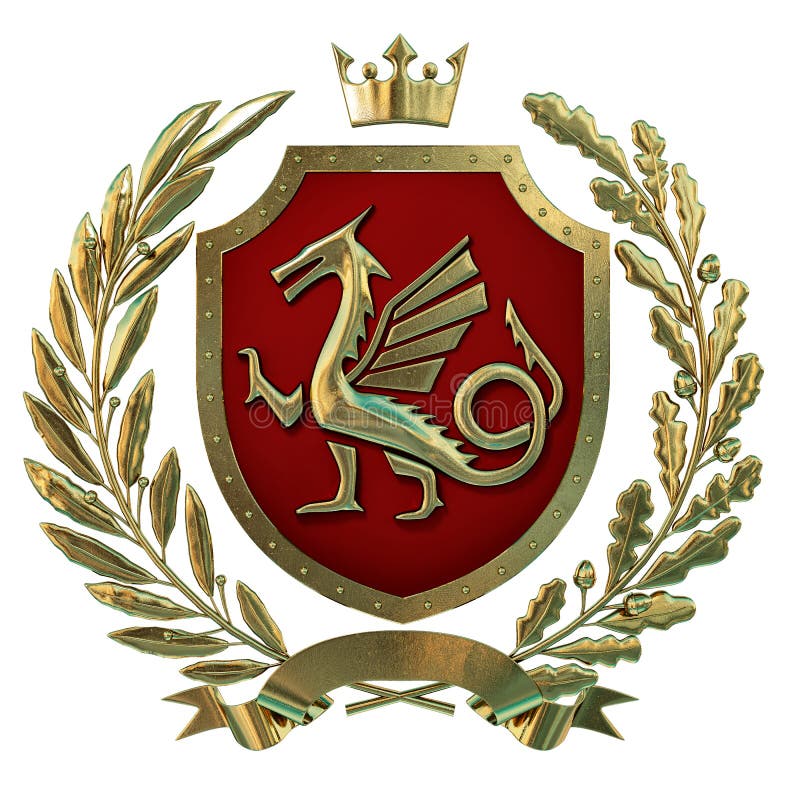 3D illustratiewapenkunde, rood wapenschild Gouden olijftak, eiken tak, kroon, schild, draak Isolat stock illustratie 3D illustratiewapenkunde, rood wapenschild Gouden olijftak, eiken tak, kroon, schild, draak Isolat stock illustratie