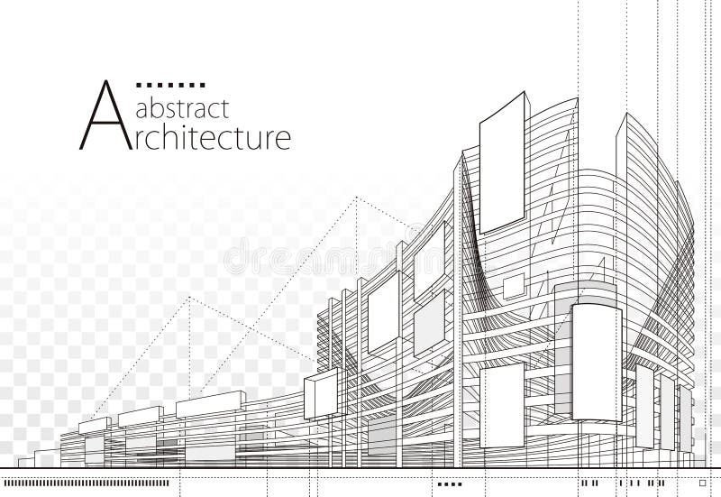 3D illustration Abstract Architecture Building Line Drawing. stock illustration