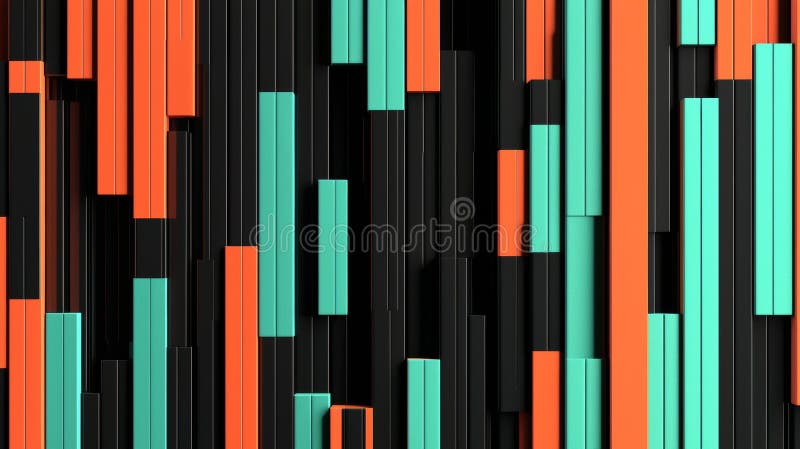 3d illustration of an abstract background with black, orange and turquoise cubes moving up and down at different speeds stock illustration