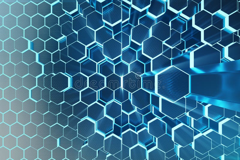 3D illustration Abstract blue of futuristic surface hexagon pattern with light rays. Blue tint hexagonal background.