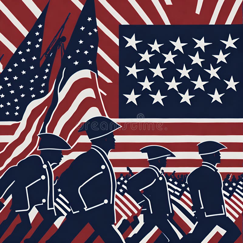 American soldiers marching in front of a waving American flag vector illustration.