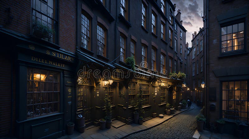 A mysterious and dimly lit alley with glowing windows vector illustration.