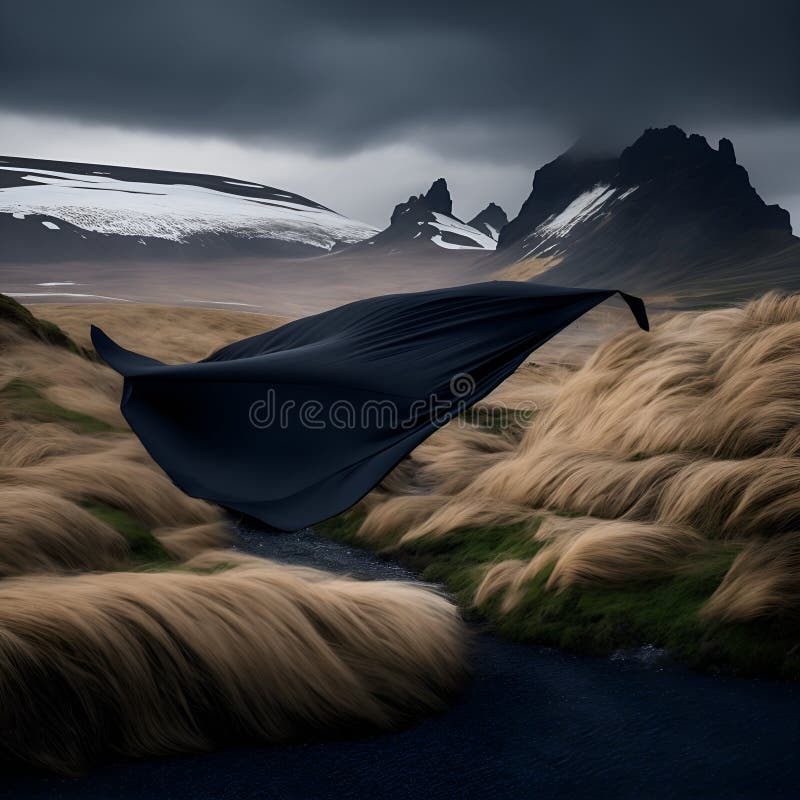 A mysterious figure with a flowing black cloak soaring over a vibrant green landscape stock illustration.