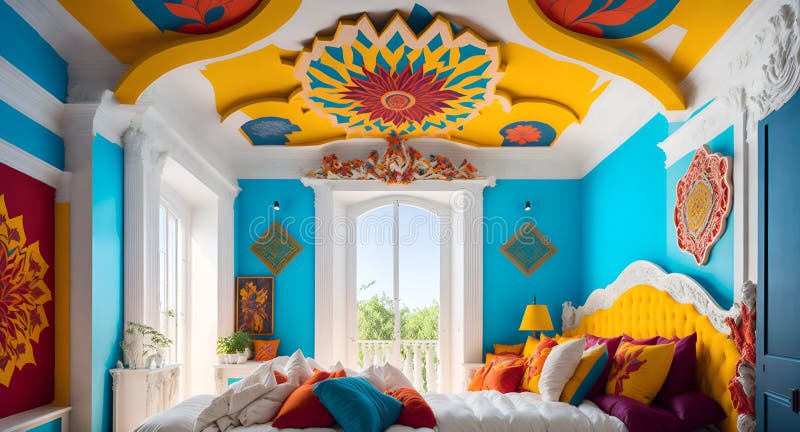 A vibrant and spacious bedroom with a comfortable queen-sized bed vector illustration.