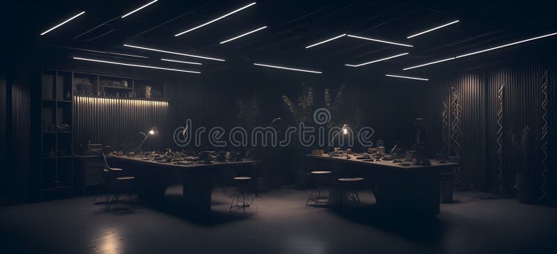 A mysterious and moody interior with a table and chairs royalty free illustration.