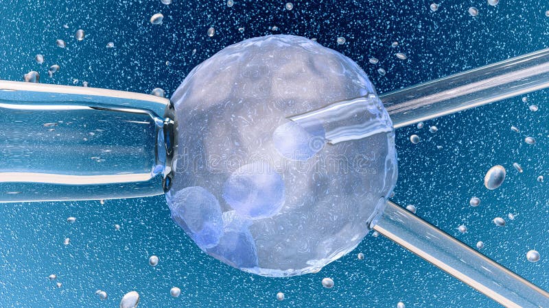 3d illustration: Artificial insemination: glass  needle fertilizing a female egg on dark blue background with bubbles. Medical con