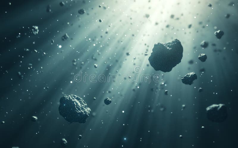 This is a 3D illustration of an asteroid field in space that shows meteors at orbit. It is a 5K realistic science stock illustration