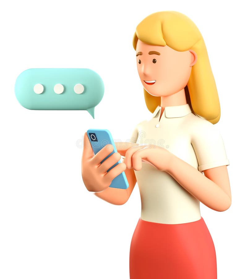 3d illustration av blond kvinna som chattar på smartphone med talbubbla. Affärskvinna som pratar och skriver på telefonen