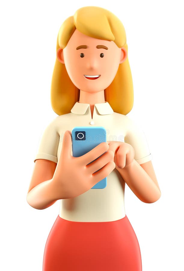 3d illustration av en vacker blondinsk kvinna som tittar på smartphone och chattar. Affärskvinna som pratar och skriver på telefon