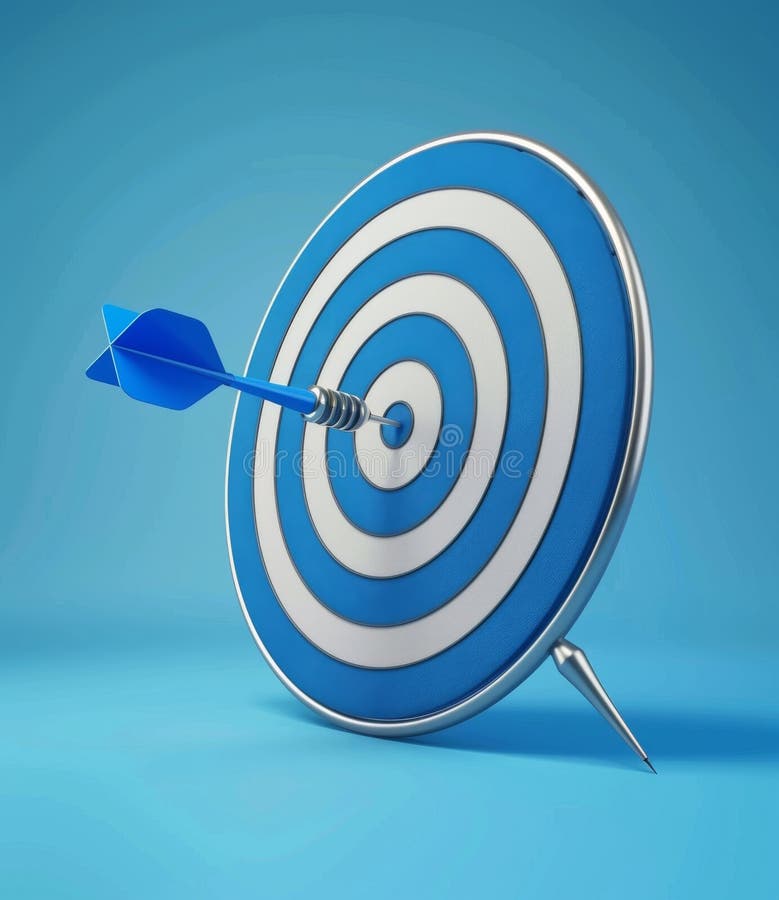3D illustration of a blue dart hitting the bullseye on a target vector illustration