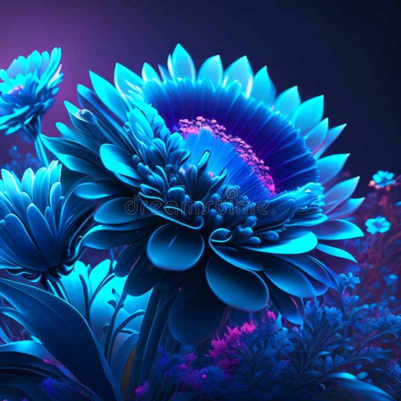 3D illustration of a blue flower in neon light. Abstract background Generative AI Generative AI design for Instagram, Facebook wall painting