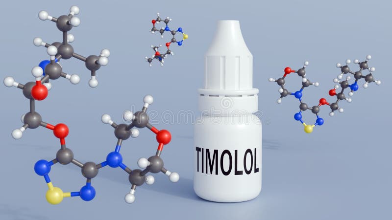 A 3d bottle labeled \'TIMOLOL\' with molecular structure of the compound royalty free illustration