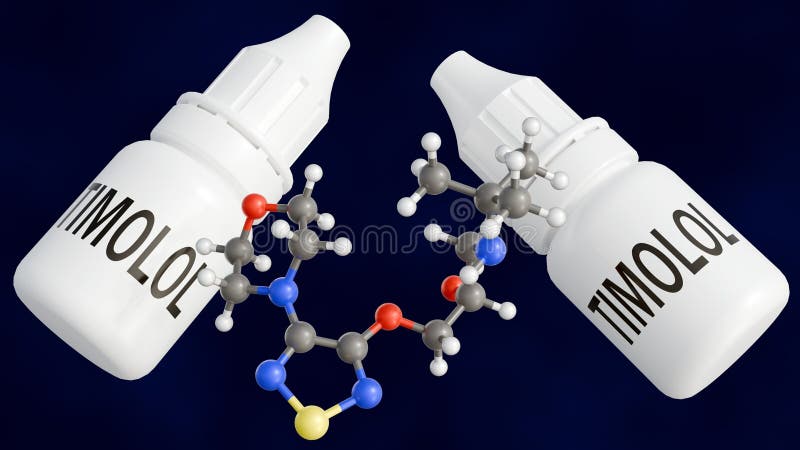 A 3d bottle labeled \'TIMOLOL\' with molecular structure of the compound stock illustration