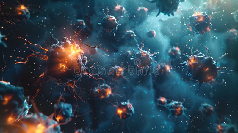 3D illustration of cancerous cells multiplying, showing abnormal growth patterns in a scientific view stock illustration