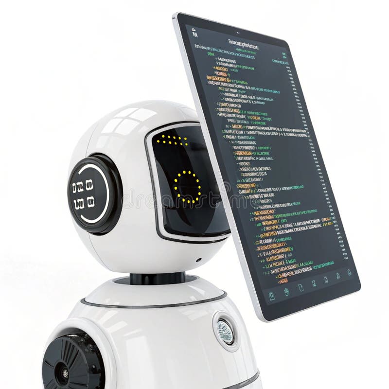 Chat robot code 3D illustration isolated on white. A 3D illustration of a chatbot robot with code elements, symbolizing AI, automation, and digital communication