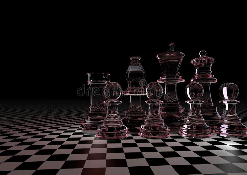 3D illustration. Chess piece of glass on the Board in a small cage. On a black background royalty free illustration 3D illustration. Chess piece of glass on the Board in a small cage. On a black background royalty free illustration