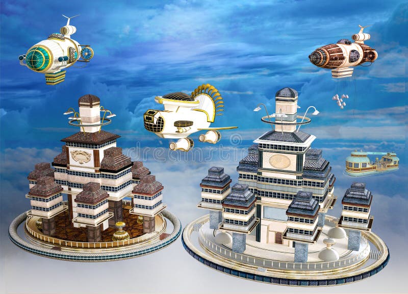 3D Illustration of a Colorful Steampunk Airship Scene