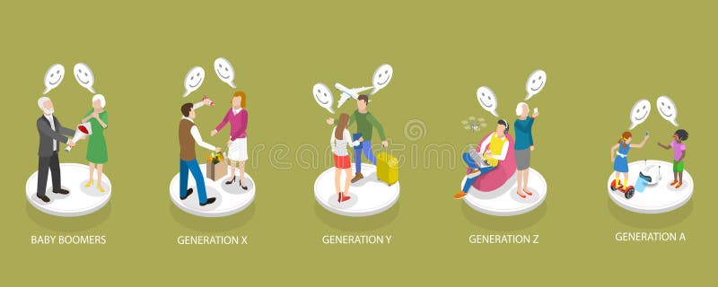 3D Isometric Flat Vector Conceptual Illustration of Social Generations, Different Age Groups. 3D Isometric Flat Vector Conceptual Illustration of Social Generations, Different Age Groups