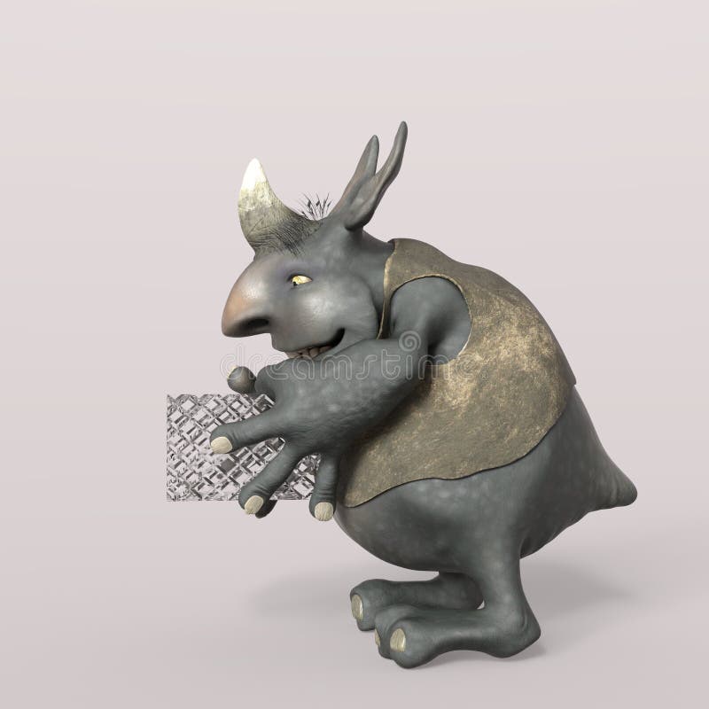 3D-illustration of a cute and funny cartoon kobold, presenting a gift, isolated rendering object
