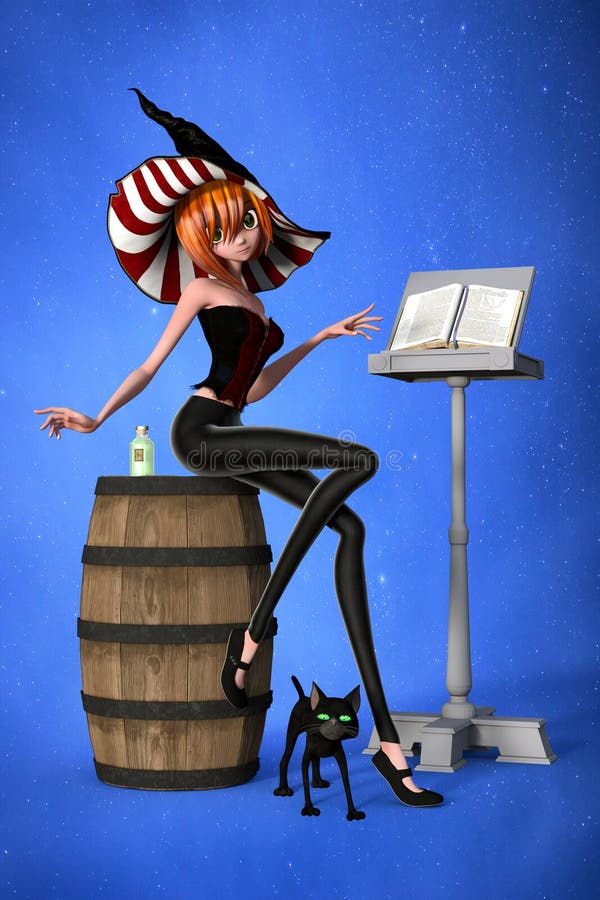 3D Illustration of cute young witch wearing black with a spell book, potion and a black cat