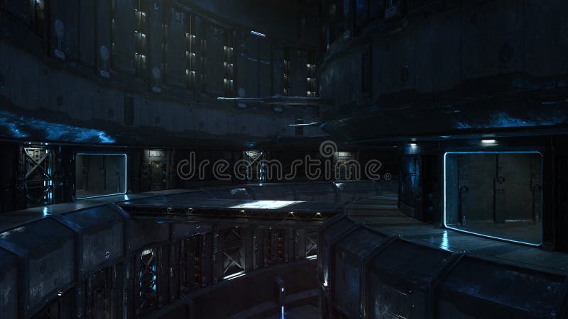 3D rendering of a dark moody futuristic sci- fi or cyberpunk concept alien environment interior stock illustration