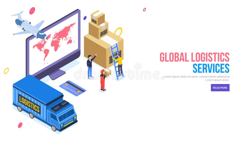 3D illustration of desktop with delivery truck ans aeroplan, man