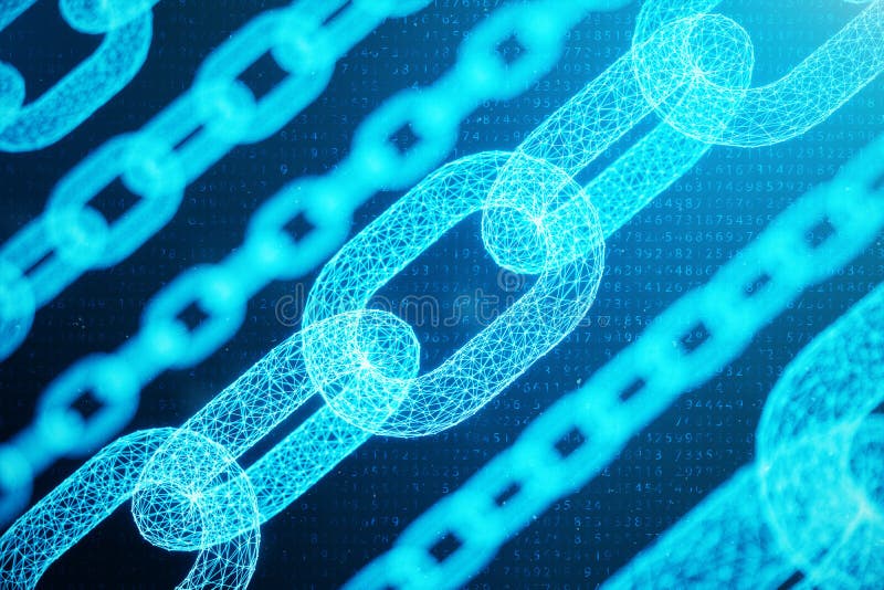 3D illustration digital block chain code. Chain links network. Low polygonal grid of triangles glowing in blue dot royalty free illustration
