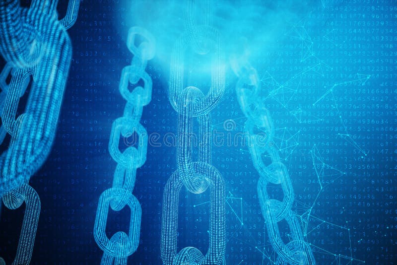 3D illustration digital block chain code. Low polygonal grid of triangles glowing in blue dot network, abstract vector illustration