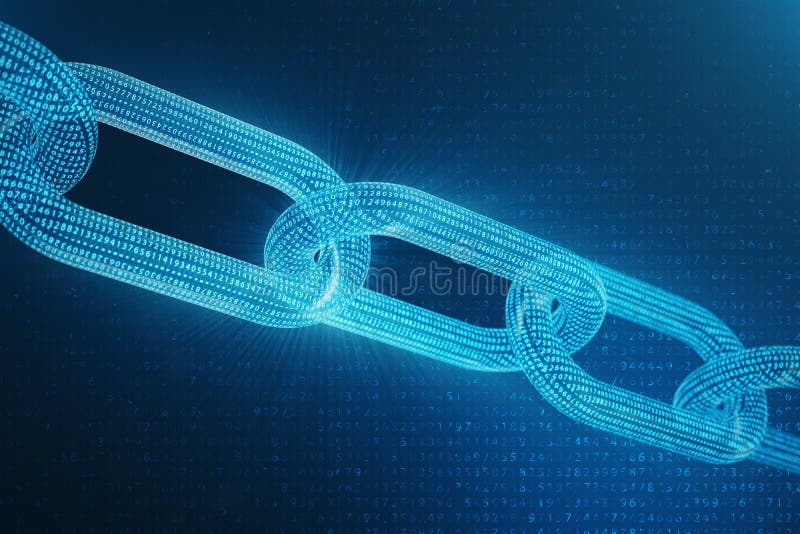 3D illustration digital block chain code. Low polygonal grid of triangles glowing in blue dot network, abstract vector illustration
