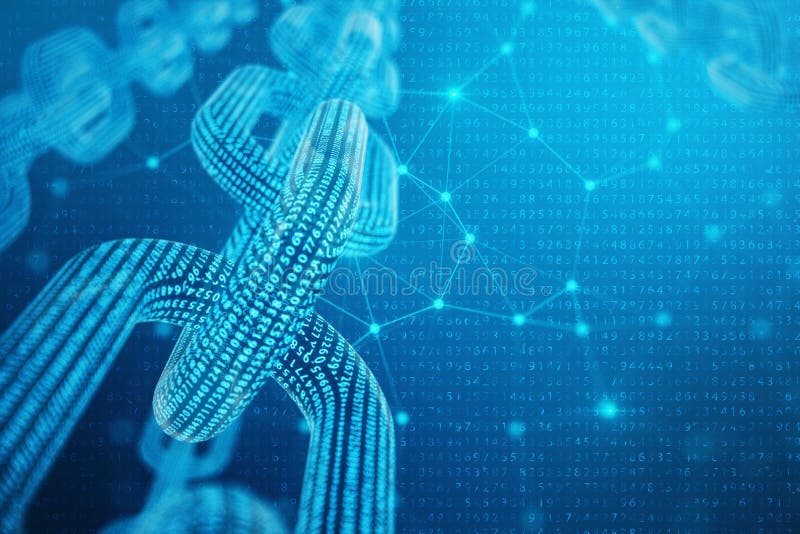 3D illustration digital block chain code. Low polygonal grid of triangles glowing in blue dot network, abstract vector illustration