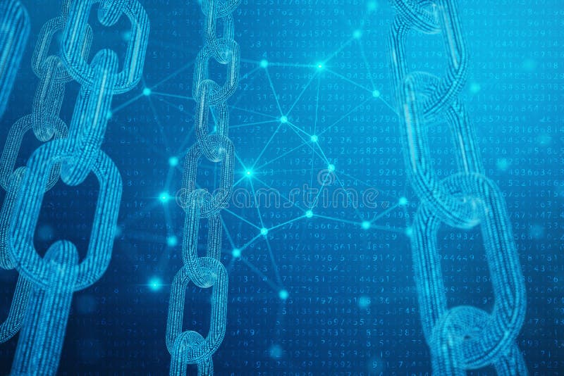3D illustration digital block chain code. Low polygonal grid of triangles glowing in blue dot network, abstract royalty free illustration