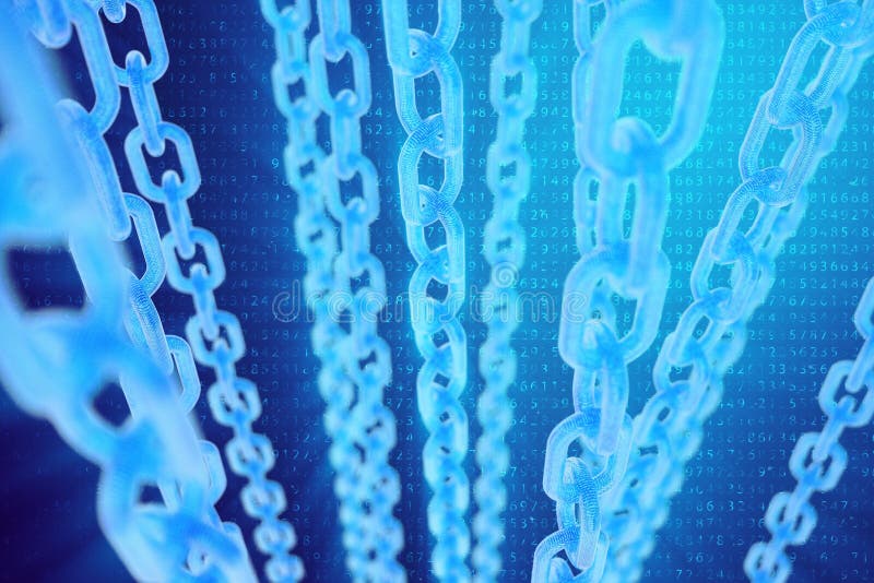 3D illustration digital blockchain code. Chain links network. Binary code on the background. Concept of Network stock illustration