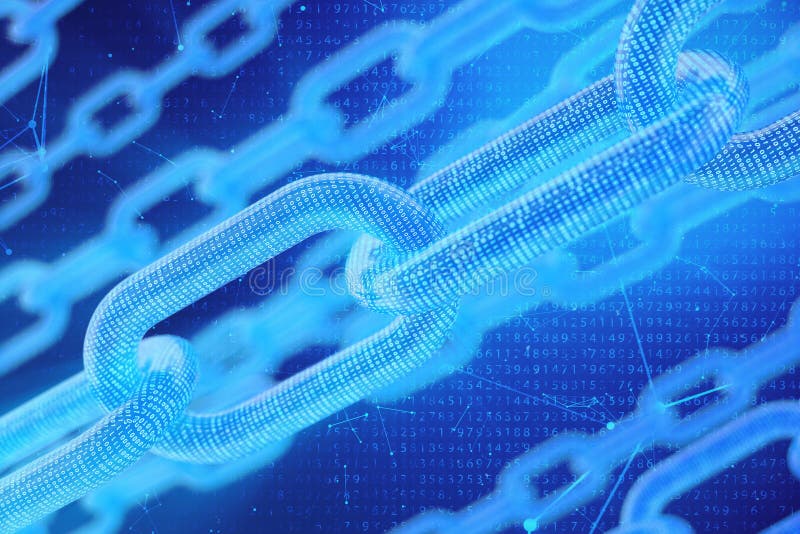 3D illustration digital blockchain code. Chain links network. Binary code on the background. Concept of Network stock illustration