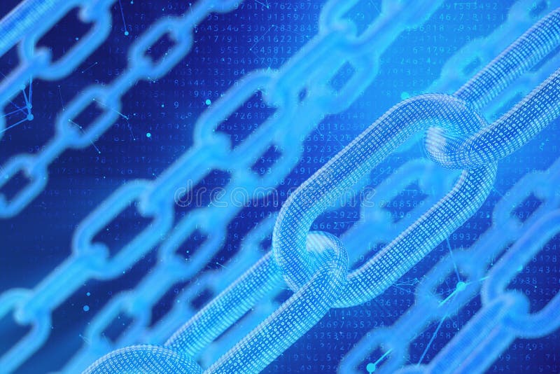 3D illustration digital blockchain code. Chain links network. Binary code on the background. Concept of Network stock illustration