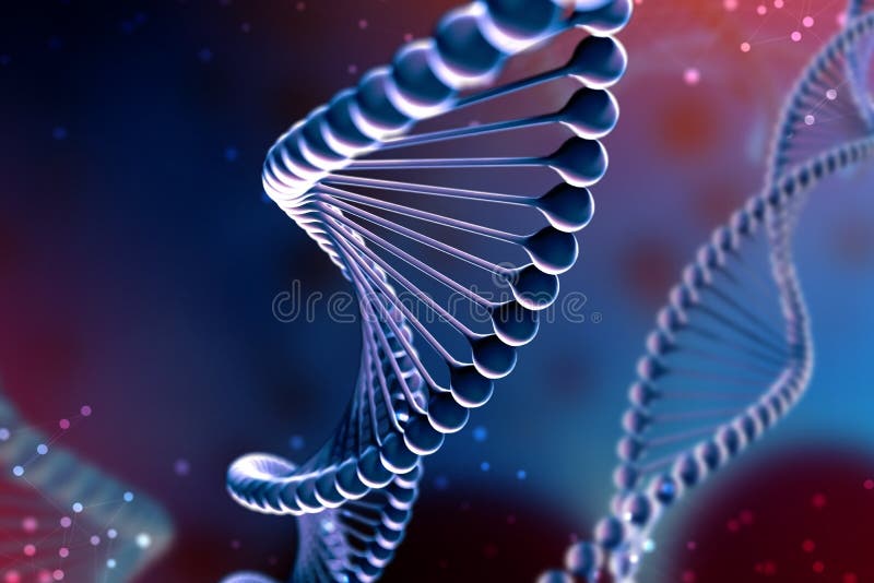 3d Illustration of DNA molecule. The helical molecule of a nucleotide in the environment of the organism like in space. Close, evolution.