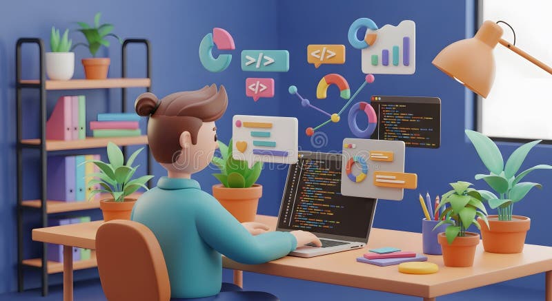 3D-Illustration eines Entwicklers, der auf Laptop mit Programmierungs- und Datensymbolen arbeitet. Eine lebendige 3D-Abbildung zeigt einen stilisierten männlichen Charakter, der sich auf einen Laptop in einem modernen Büro konzentriert. Floating grafische Elemente wie Code Tags Charts und Message Blasen umgeben ihn symbolisieren Softwareentwicklung und Datenanalyse. Der Arbeitsbereich umfasst Bücher für Pflanzen und eine Schreibtischleuchte, die eine produktive und organisierte Umgebung vermitteln.. Diese Inhalte wurden mithilfe der AI-Technologie erstellt.