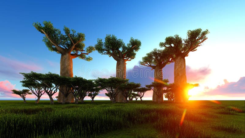 3d illustration of the elephant walking near baobab trees vector illustration