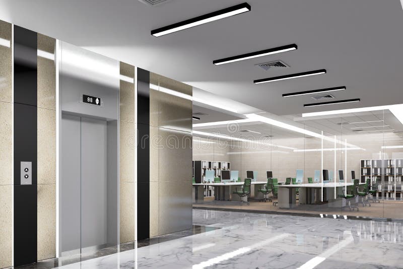 3D Illustration Elevator and Workspace in Modern Office Building Stock