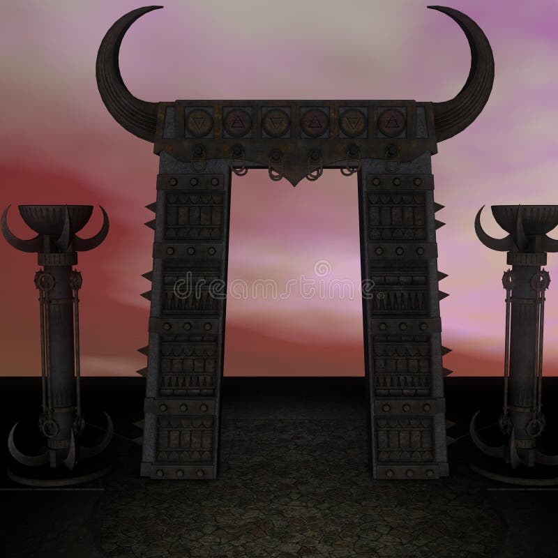 3d illustration of a fantasy place entrance with a colorful sky