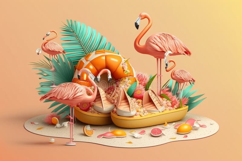 A 3D illustration of flamingo floats, seashells, and flip flops with copy space, embodying the summer vacation concept. Generative vector illustration