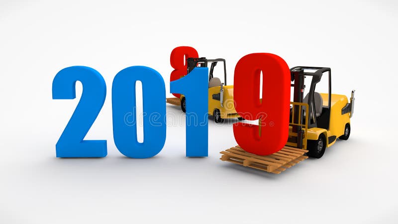 D illustration of a forklift that holds the date 2019 and takes away 2018 and 2020. Transportation time. Idea for calendar, 3D ren stock illustration D illustration of a forklift that holds the date 2019 and takes away 2018 and 2020. Transportation time. Idea for calendar, 3D ren stock illustration