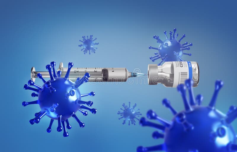3D Illustration of a Generic Covid19 Vaccin with Blue Viruses and a Syringe