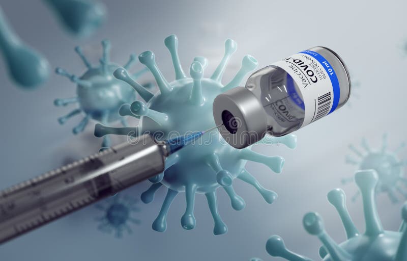 3D Illustration of a Generic Covid19 Vaccin with Light Blue Viruses and a Syringe