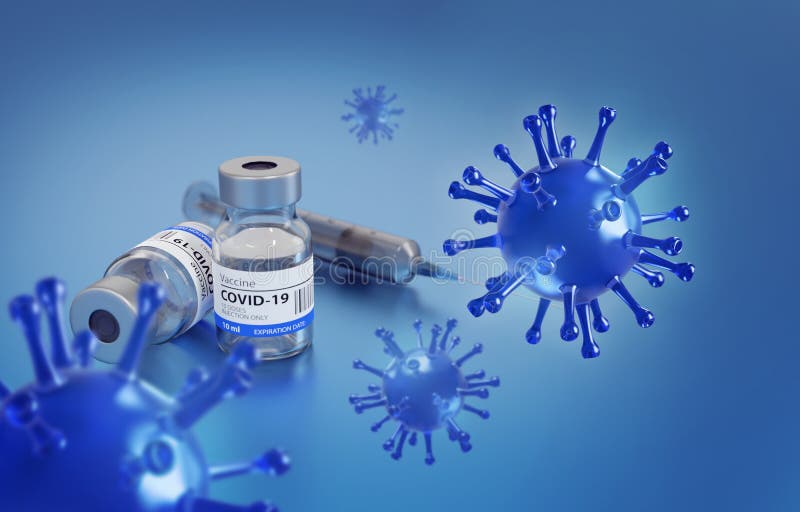 3D Illustration of a Generic Covid19 Vaccin with Blue Viruses and a Syringe