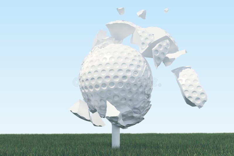 3D illustration Golf ball Scatters to pieces after a strong blow and ball in grass, close up view on tee ready to be
